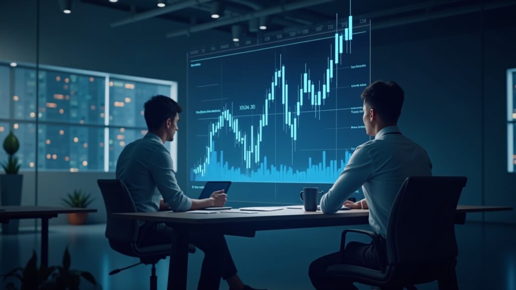 Escena de redacción futurista: trader enfocado junto a un gráfico holográfico de XLM que muestra un rebote alcista tras un flash crash del 60%.