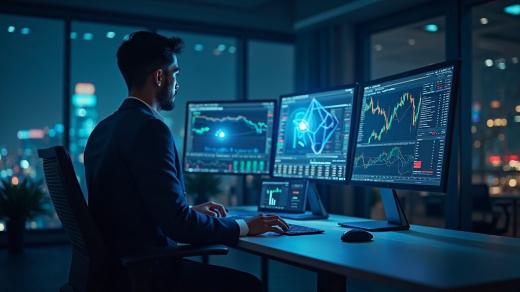 Trader frente a escritorio elegante con hologramas TRON, visualización de liquidez y flujos USDT, branding SunPerp