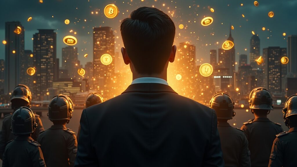 Silueta de un hombre trajeado, criptomonedas que se transforman en lingotes de oro, skyline de Bangkok con policía y USSS.