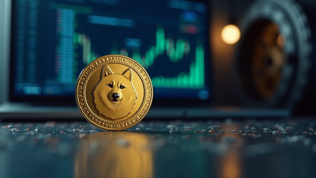 Dogecoin sobre un piso de negociación, con un panel digital de ETF y una bóveda al fondo, ilustrando TDOG respaldado físicamente.