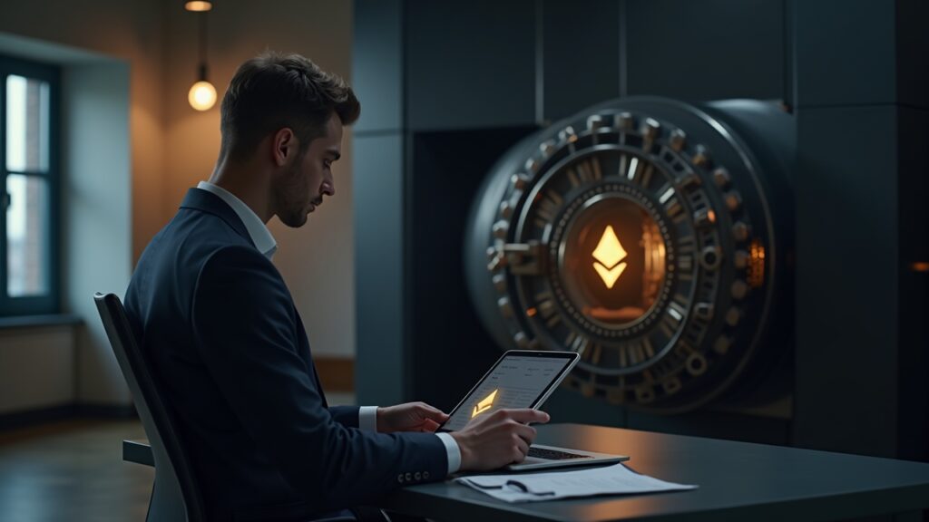 Ejecutivo de tesorería en oficina moderna, con motivos Ethereum y DATs, bóveda al estilo Berkshire Hathaway.