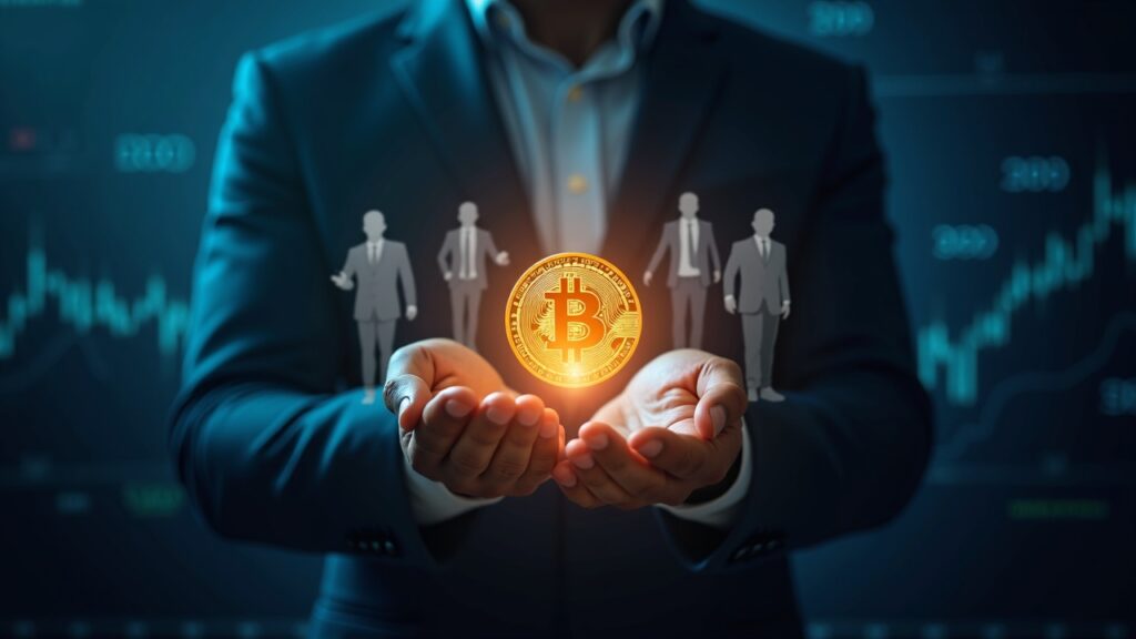 Dos firmas adquieren $205 millones en Bitcoin pese a pausa de tesorerías Header fotorealista de bóveda corporativa de Bitcoin, siluetas difusas y manos colocando una BTC luminosa ante gráficos.