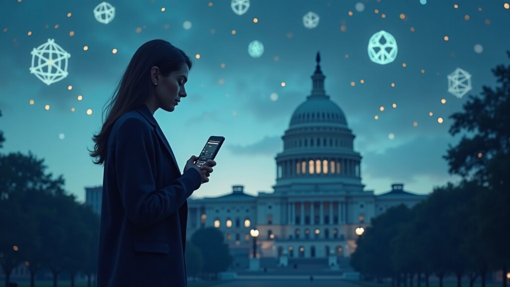 Imagen fotorrealista de regulador con teléfono mostrando mensajes perdidos, Capitolio al fondo y logos de criptomonedas.