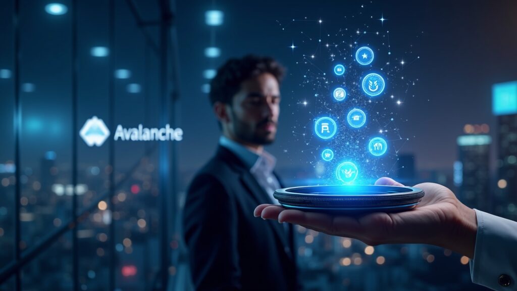 Gigante japonés TIS de $2 billones lanza innovadora plataforma multi-token sobre Avalanche Ejecutivo fintech en Tokio frente a billetera multi-token, con tokens holográficos y logo de Avalanche al fondo.