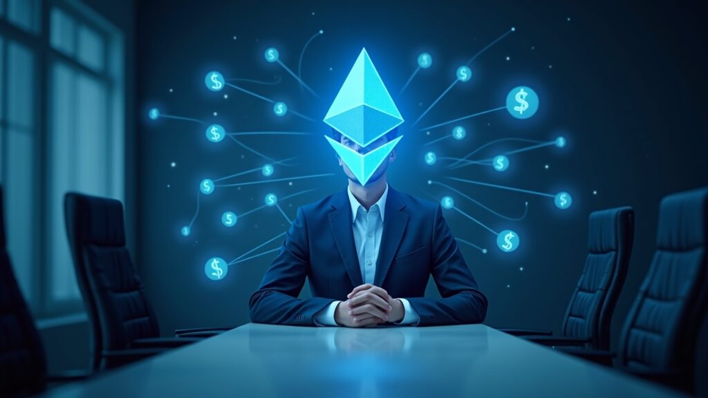 Sala de juntas con ejecutivo en traje, logo de Ethereum como centro holográfico y activos tokenizados orbitando sobre un fondo azul que sugiere DeFi.