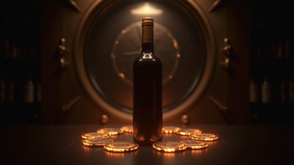 Botella de vino fino en una bóveda, rodeada de tokens de blockchain, mostrando procedencia y propiedad fraccionada.