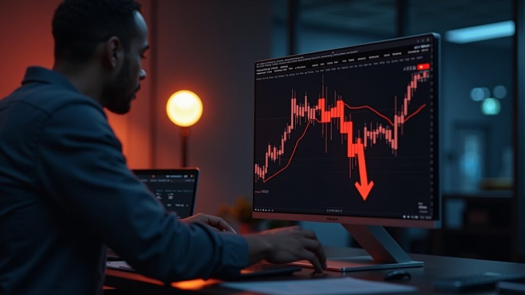 Realistic newsroom scene: Bitcoin logo plunges on red price chart as timeout error appears on screen.