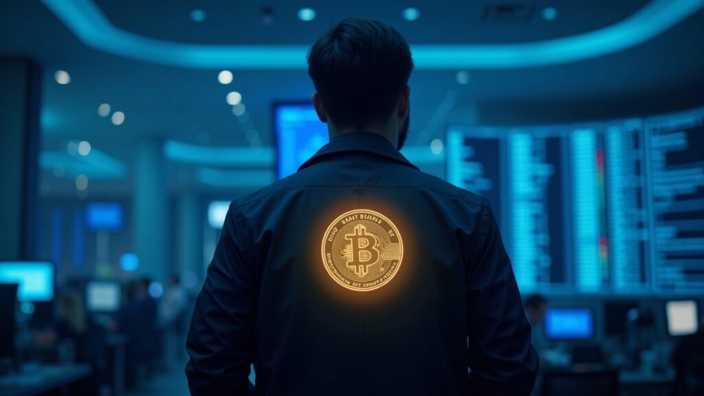 Trader minorista con token de acción tokenizado brillante, insignia FINRA al fondo y pantallas azules con tickers.