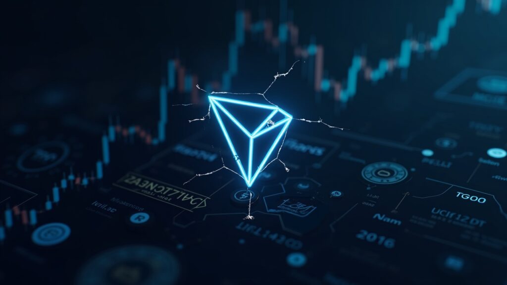Logo de Tron agrietado en el centro, gráfico descendente de criptomonedas en el fondo y sellos SEC/FINRA discretos.