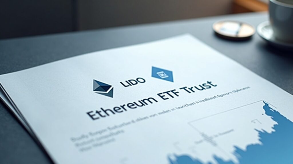 Documento del ETF VanEck Lido Staked Ethereum sobre escritorio, con logos ETH y LDO y contorno de Delaware.