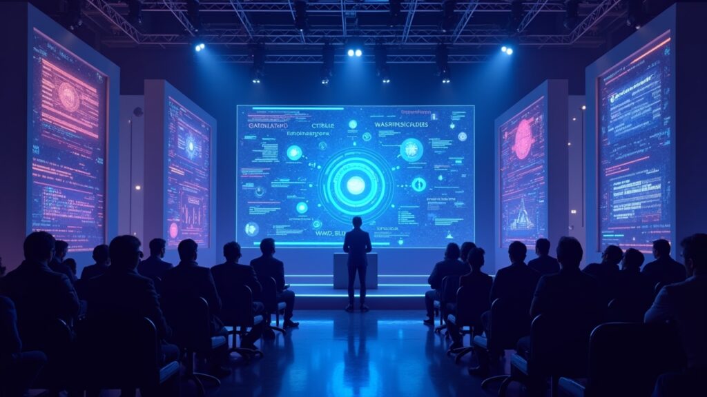 Escenario futurista con startups Web3 de juegos presentando ante un panel, código neon, escudos de seguridad y 1,5 millones.