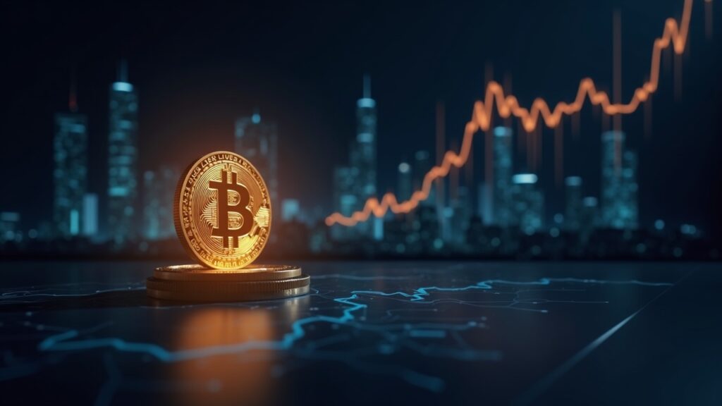 Escena de redacción realista: moneda cripto luminosa junto a gráfico digital al alza, analista evalúa la subida del mercado.