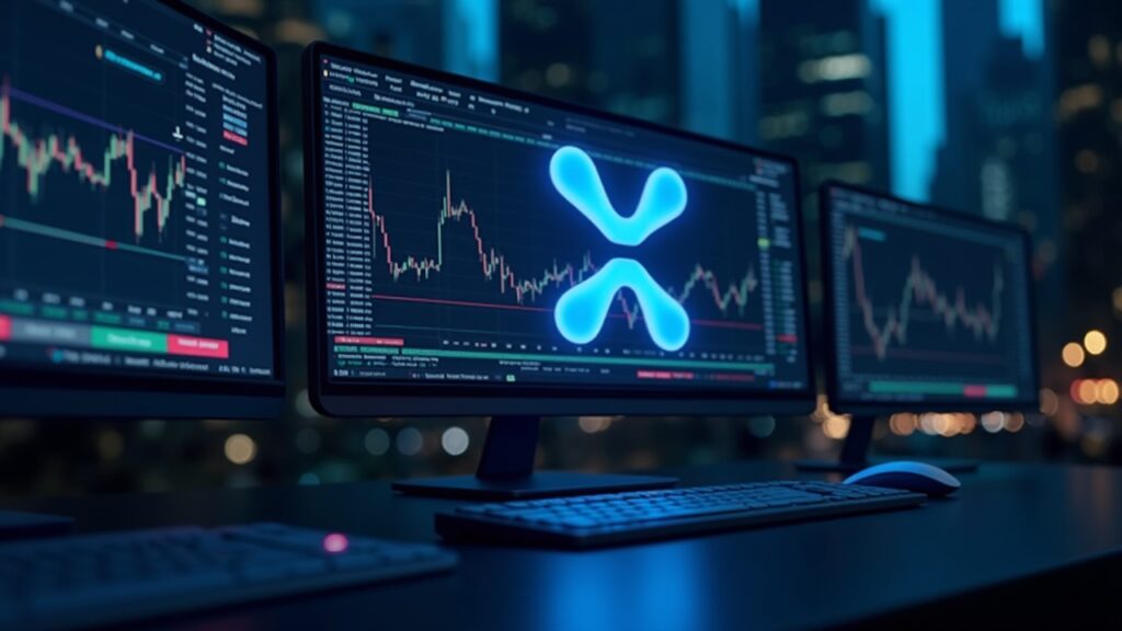 Logotipo de XRP en una consola de trading de alta tecnología, pantallas de futuros 24/7 y skyline de Wall Street.