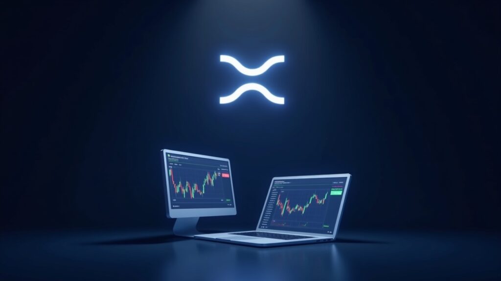 XRP necesita un 7 % para confirmar un rally: dos indicadores señalan que el salto está cerca Logo de XRP en el centro, rodeado de pantallas de trading con gráficos, y dos métricas convergentes cerca del 7%.