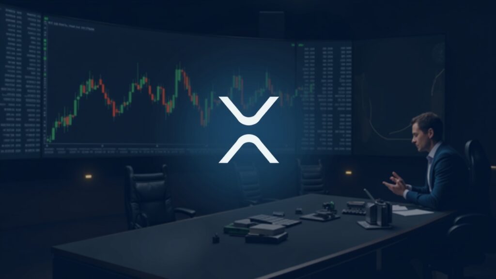 Imagen realista estilo newsroom: logo de XRP sobre gráfico de cuña descendente, con traders institucionales al fondo.