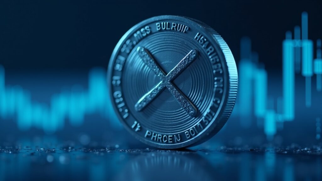 Moneda XRP plateada en primer plano, con gráfico traslúcido mostrando caída 82% y ruptura 5%, iluminación azul.