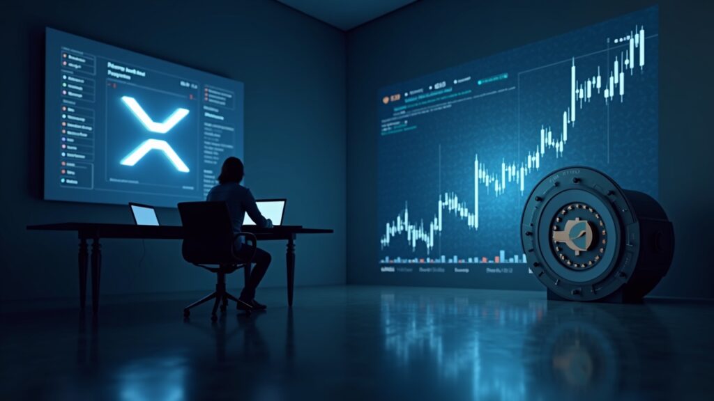 Escena cripto: logo XRP sobre gráfico ascendente, Bitcoin arrastrando el precio; ballena y bóveda digital al fondo.