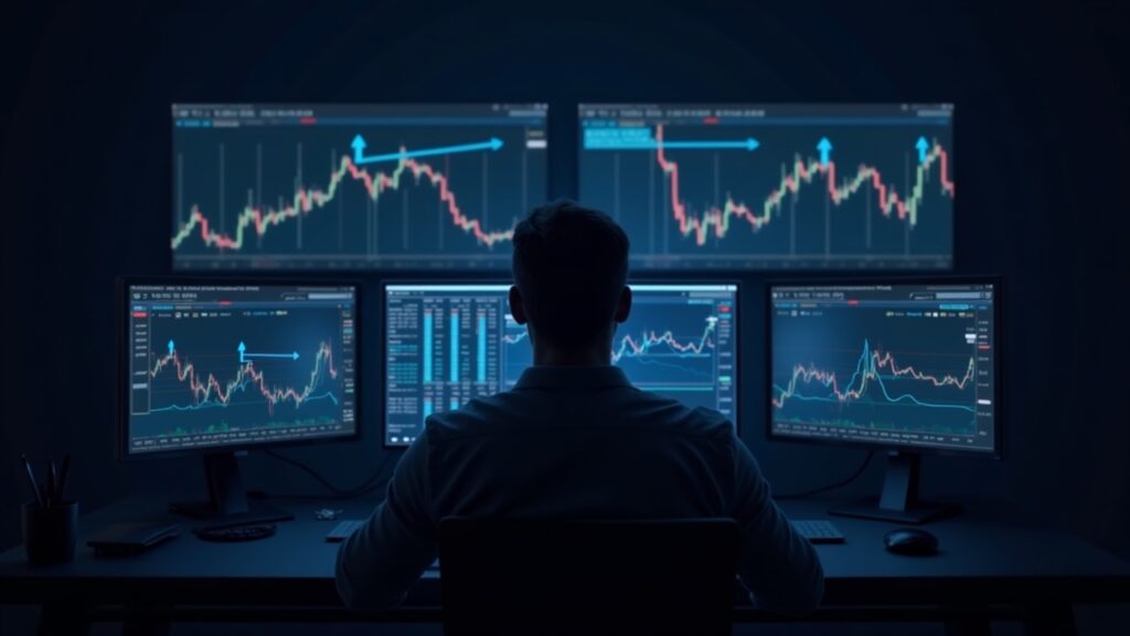 Alerta XRP: Tenedores a largo plazo disparan sus ventas un 2.200%, ¿caída inminente? Trader observando gráficos de XRP en monitores, triángulo descendente y flechas de salida, indicando riesgo de retroceso.