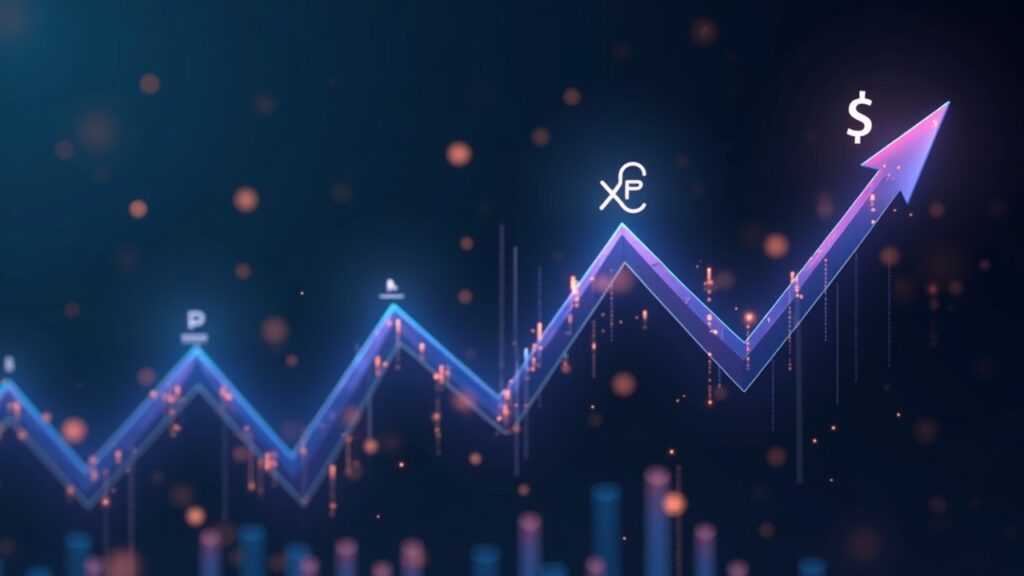 Gráfico de noticias: XRP rompe 3 dólares, flecha alcista y logotipo XRP, con demanda institucional y riesgo regulatorio.