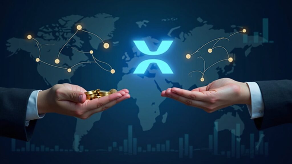 Fotorealista: logo de XRP al centro, manos intercambiando tokens y liquidez entre Evernorth, Ripple, SBI y GUMI, con gráficos