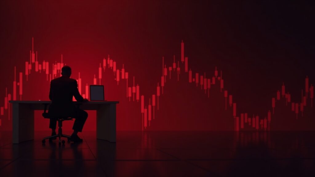 Zcash en el centro, gráfico rojo descendente y máximo de cuatro años; traders ansiosos en una mesa de trading cripto.