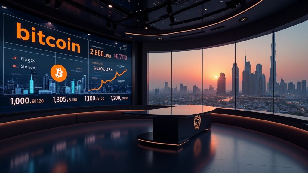 Abu Dhabi triplica su inversión en Bitcoin alcanzando 517 millones con BlackRock Mesa de noticias futurista con ticker de Bitcoin y skyline de Abu Dhabi al atardecer, simbolizando adopción institucional.