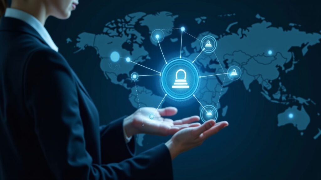 ONU lanzará academia y programas de asesoría en blockchain para gobiernos Funcionario gubernamental presenta una red blockchain luminosa en una pantalla, simbolizando transparencia y gobernanza global.