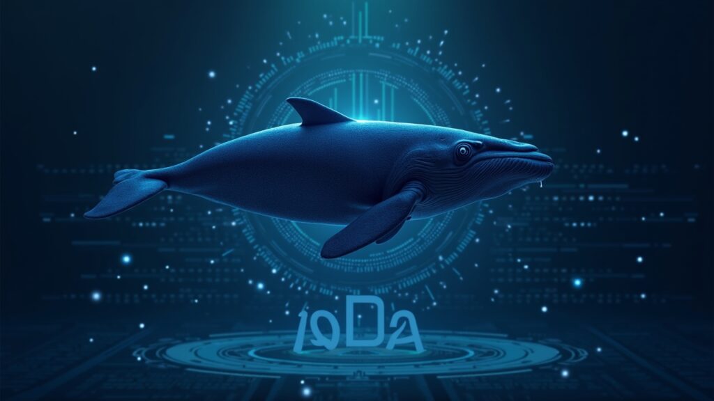 Ballena gigante sobre el logo de Cardano (ADA) con flujos de datos y un escritorio financiero, destacando interés institucional.