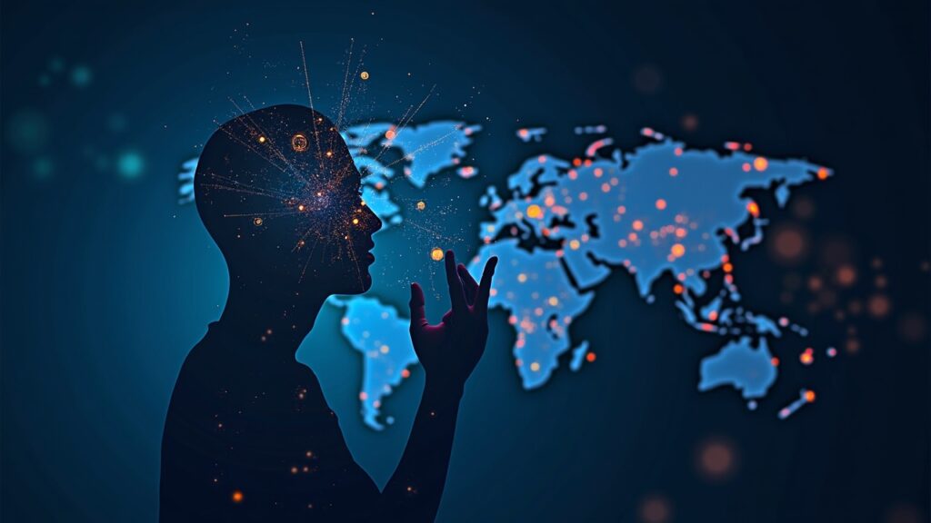 Figura central fusionando IA y cripto con gráfico ascendente y una red blockchain global, simbolizando innovación.