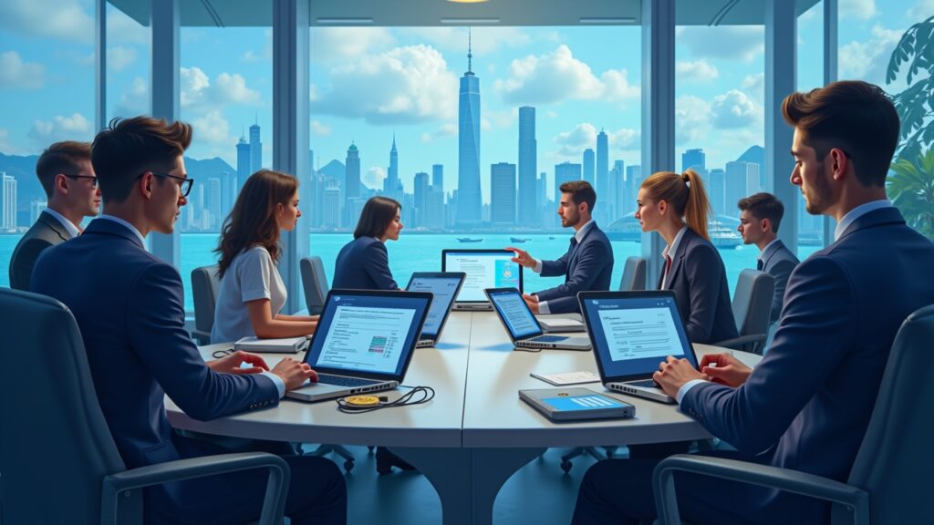 Diversos profesionales cripto coordinando la ayuda con billeteras en pantalla y recibos on-chain, con el horizonte de Hong Kong al fondo.