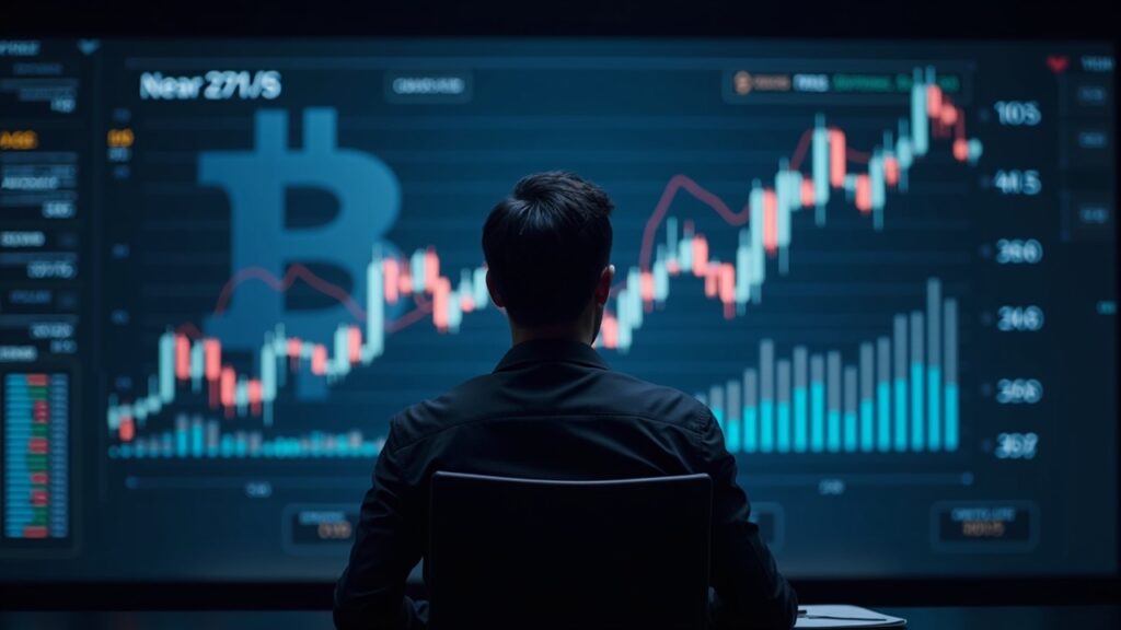 Analista en sala de noticias cripto frente a muro holográfico con Bitcoin dominante, ASI alrededor de 25 y logos de UNI, ENA e IMX.