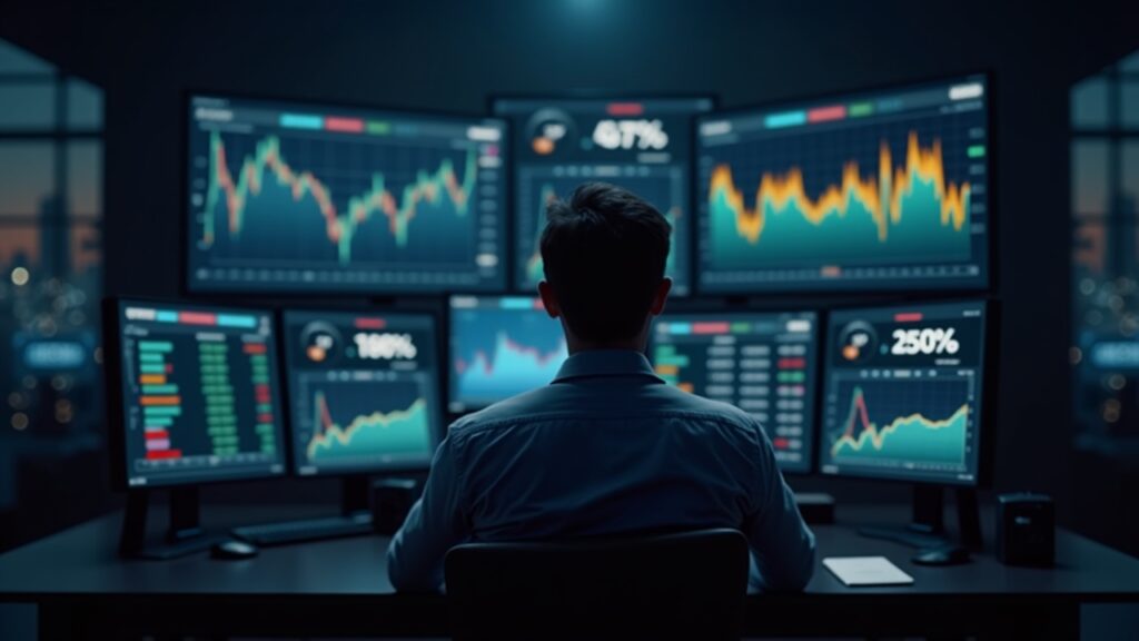 Analista en sala de noticias revisa gráficos de Bitcoin y S&P 500 en pantallas divididas, señalando sobrevaloración.