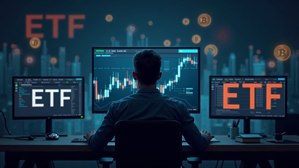 Analista de cripto ante un monitor, gráfico BTC y logotipos de ETF desvaneciéndose para reflejar menor apetito por el riesgo.
