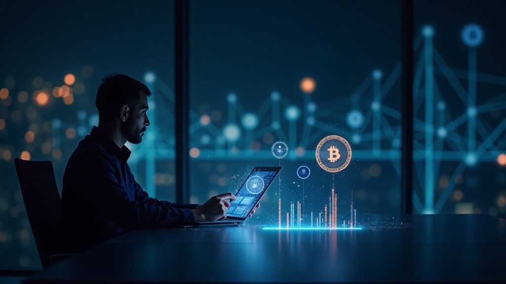 Analista financiero en escritorio con gráficos holográficos de BTC, ETH y activos tokenizados, brillo de red blockchain.