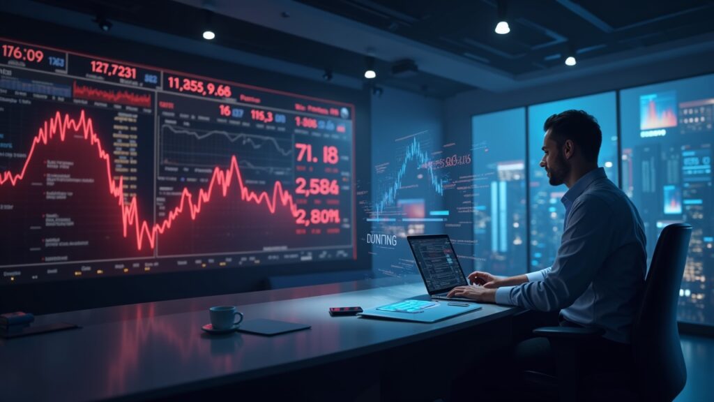 Inversor concentrado en escritorio, tickers cripto en rojo y pantalla holográfica de Circle, Bullish y BitMine