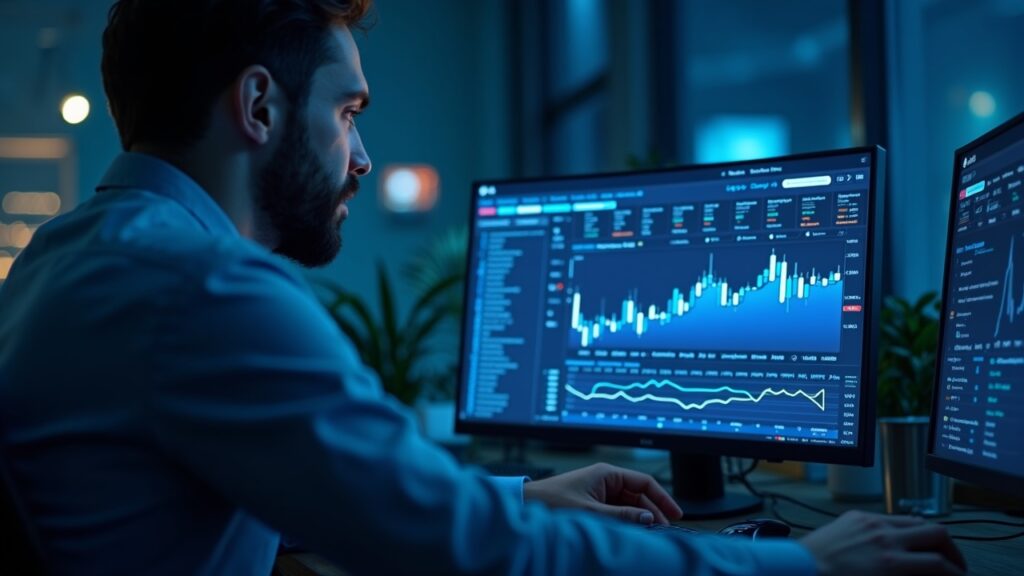 Operador de mercados fotorealista frente a un tablero azul con nodos de cadena de bloques, monitoreando inversiones de Ark Invest en cripto.