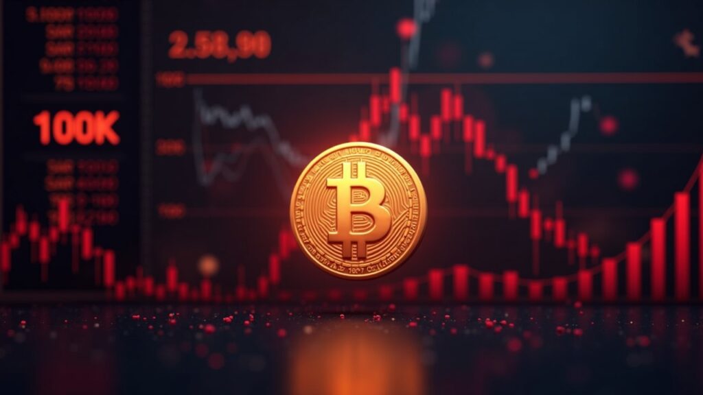 Bitcoin cae a $99.063 en Asia por temores de inflación y dudas sobre tasas Escena de mercado: Bitcoin por debajo de 100k, bolsas asiáticas en rojo, iconos de inflación y recortes, símbolo de Bitcoin al centro.