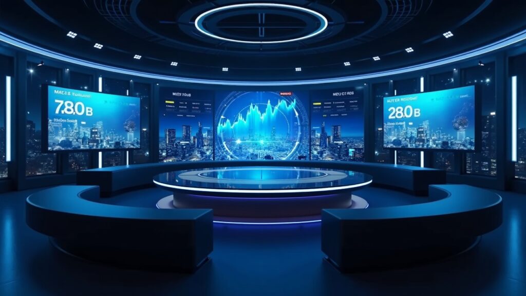 Escena futurista de sala de noticias con logo ASTER, gráfico en vivo de 12B y visuales de trading MEV, ciudad descentralizada.