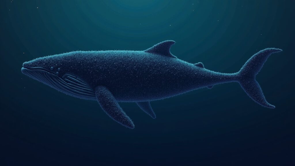 Ballena hiperrealista formada por nodos blockchain sobre gráfico AVNT 0,54–0,70 simbolizando acumulación silenciosa
