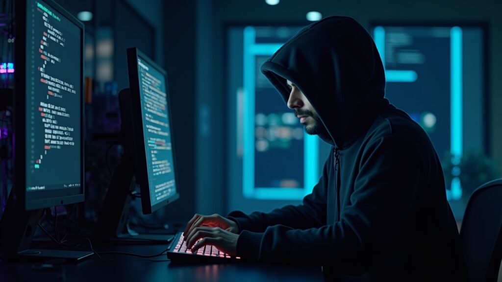 El protocolo DeFi Balancer sufre un devastador exploit de más de $128 millones Hacker con capucha ante un terminal iluminado, código neón y un vault digital, retrata un hack DeFi de alto impacto.