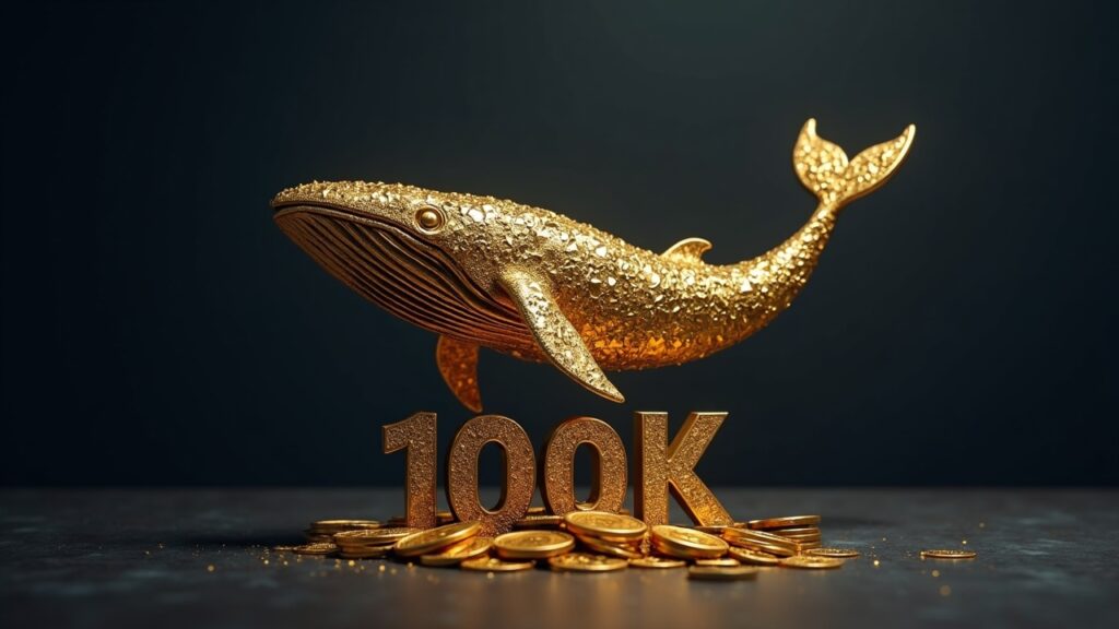 Ballena de monedas de Bitcoin sobre una mesa de trading, BTC por encima de 100k, simbolizando acumulación institucional.
