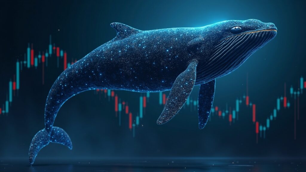 Token ASTER Cae 20% Tras Respaldo de CZ Creando Ganancia de $21M a Ballena Ballena cripto fotorealista sobre gráfico de precios a la baja, circuitos digitales marcan su silueta y etiqueta anti-CZ en fondo de noticias.