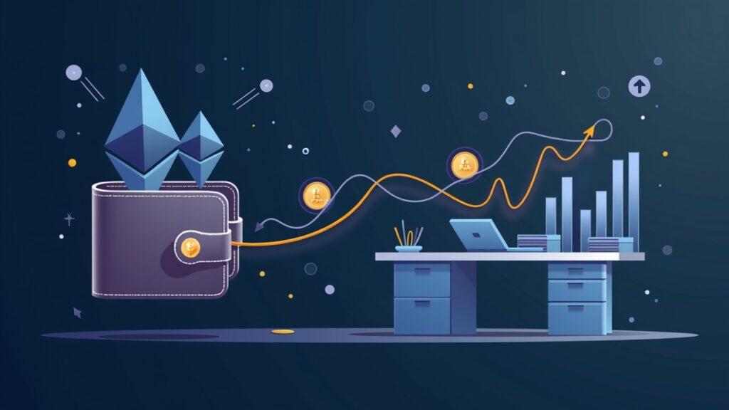 Flujos de Ethereum desde una billetera del ICO de 2014 hacia un desk institucional, con iconos de staking y un gráfico ascendente de ETH.