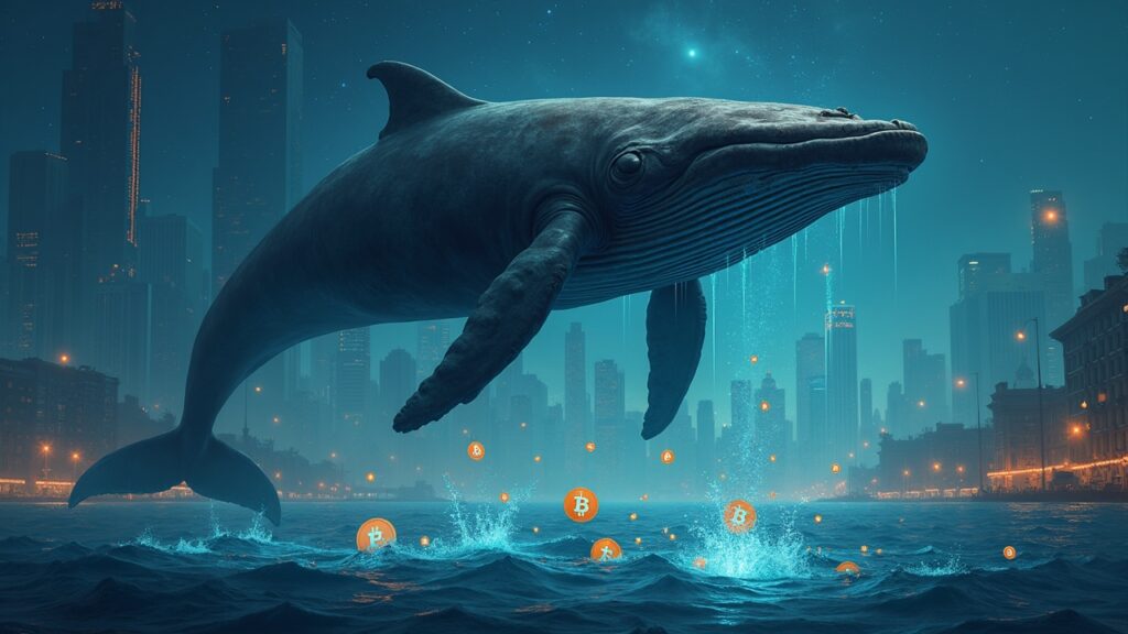 Escena fotorrealista del mercado cripto: ballena sobre BTC y ETH; flechas de ETF retroceden mientras ballenas inyectan liquidez.