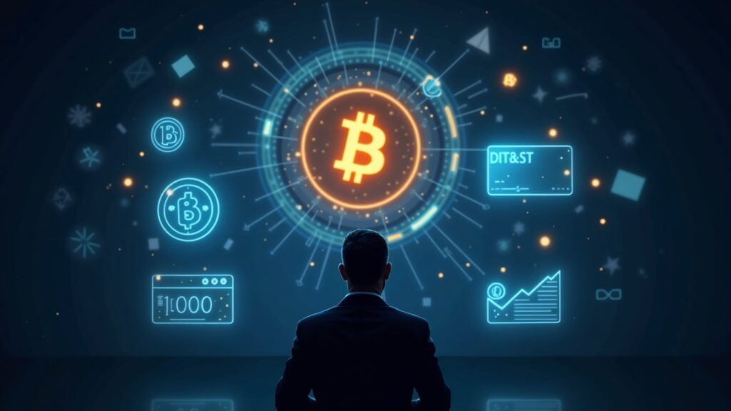 Banco Nacional Checo lanza portafolio de prueba de $1 millón con Bitcoin Funcionario del banco central ante una pantalla holográfica mostrando Bitcoin, stablecoin USD y depósito bancario tokenizado