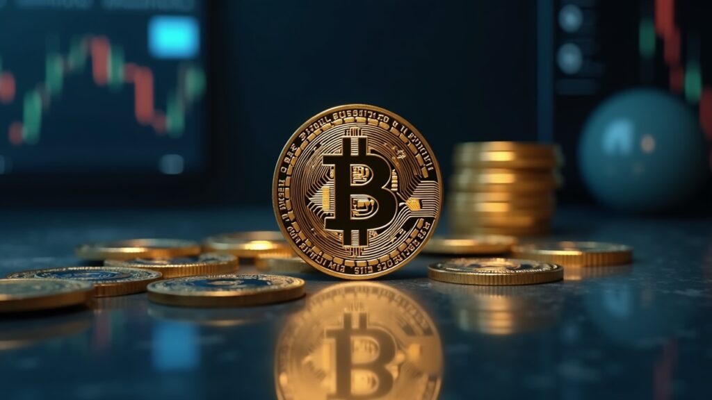 Bitcoin se consolida sobre $103.744; traders intensifican coberturas ante debilidad de altcoins Bitcoin a 103k en primer plano en una mesa de trading, con altcoins de fondo y herramientas de cobertura.
