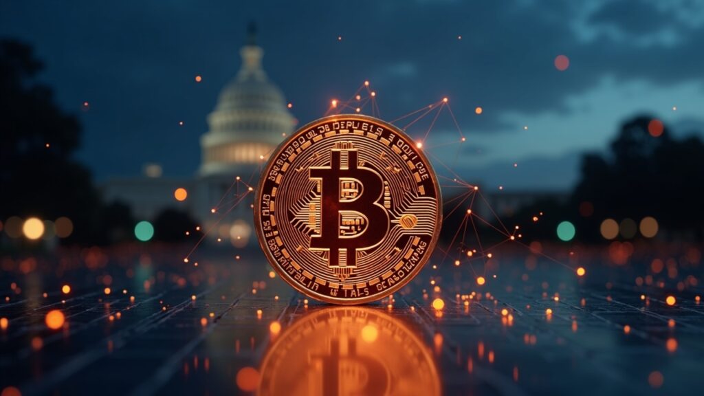 Moneda de Bitcoin fotorealista con mapa de calor de datos sobre un hub DeFi y silueta del Capitolio; liquidez a 112k.