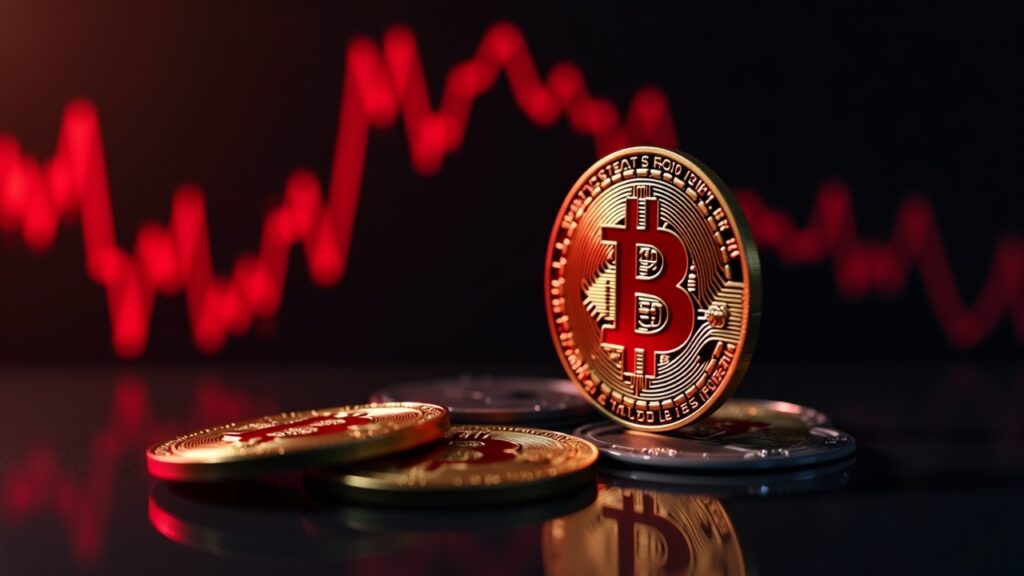 Bitcoin en primer plano; tablero de acciones en rojo y chips de Nvidia al fondo, simbolizando liquidez y recortes de tasas.