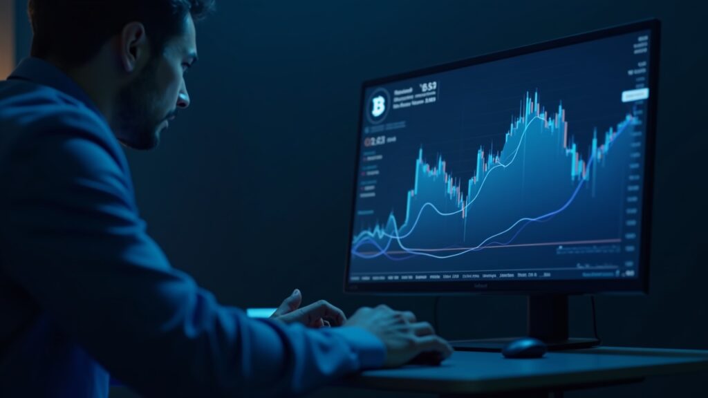 Bitcoin defiende los 91.000 dólares mientras los futuros muestran una sorprendente estabilidad Primer plano de trader cripto ante pantalla con BTC, curva de backwardation y etiqueta 89k, iluminación azul.