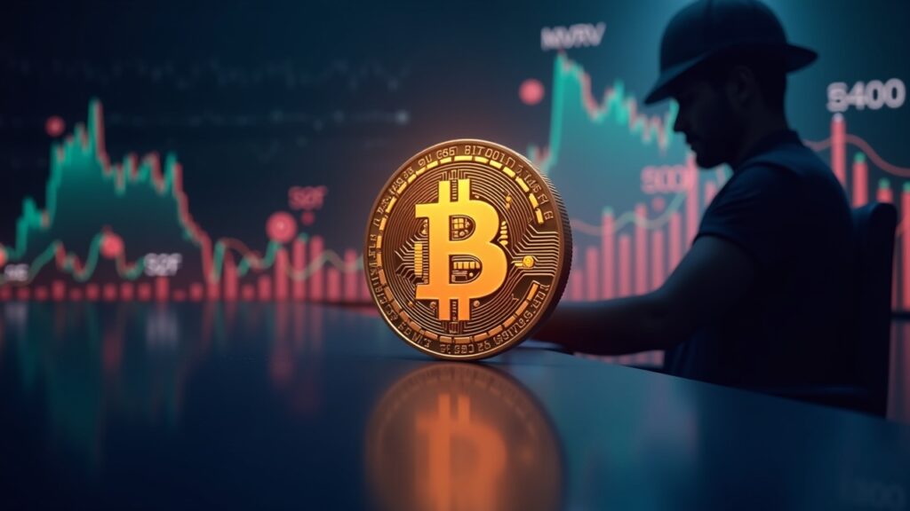 Bitcoin retrocede a 95.000 dólares mientras métricas señalan oportunidad de compra infravalorada Bitcoin en primer plano con gráficos translúcidos de MVRV, S2F y Rainbow, flecha descendente hacia 95k y silueta de minero al fondo, estilo newsroom